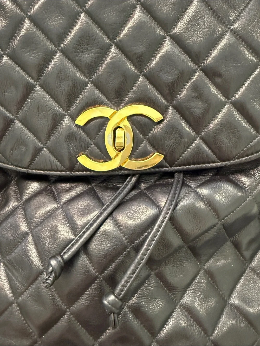 Vintage CHANEL Black Quilted Lambskin Backpack with Gold CC Hardware